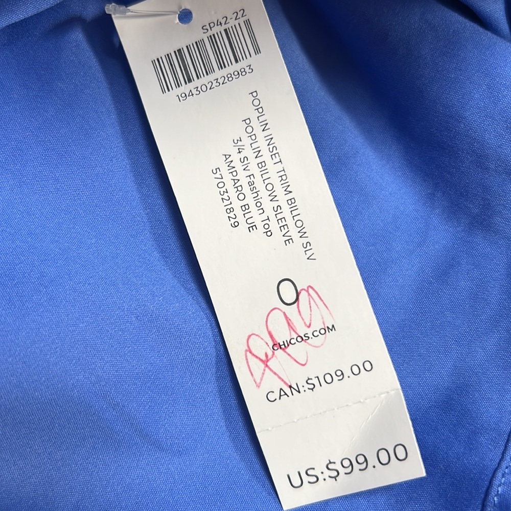 CHICO’S Cutwork Blue Blouse with Billowy Sleeves Size 0 Small NWT $99 - Picture 15 of 16